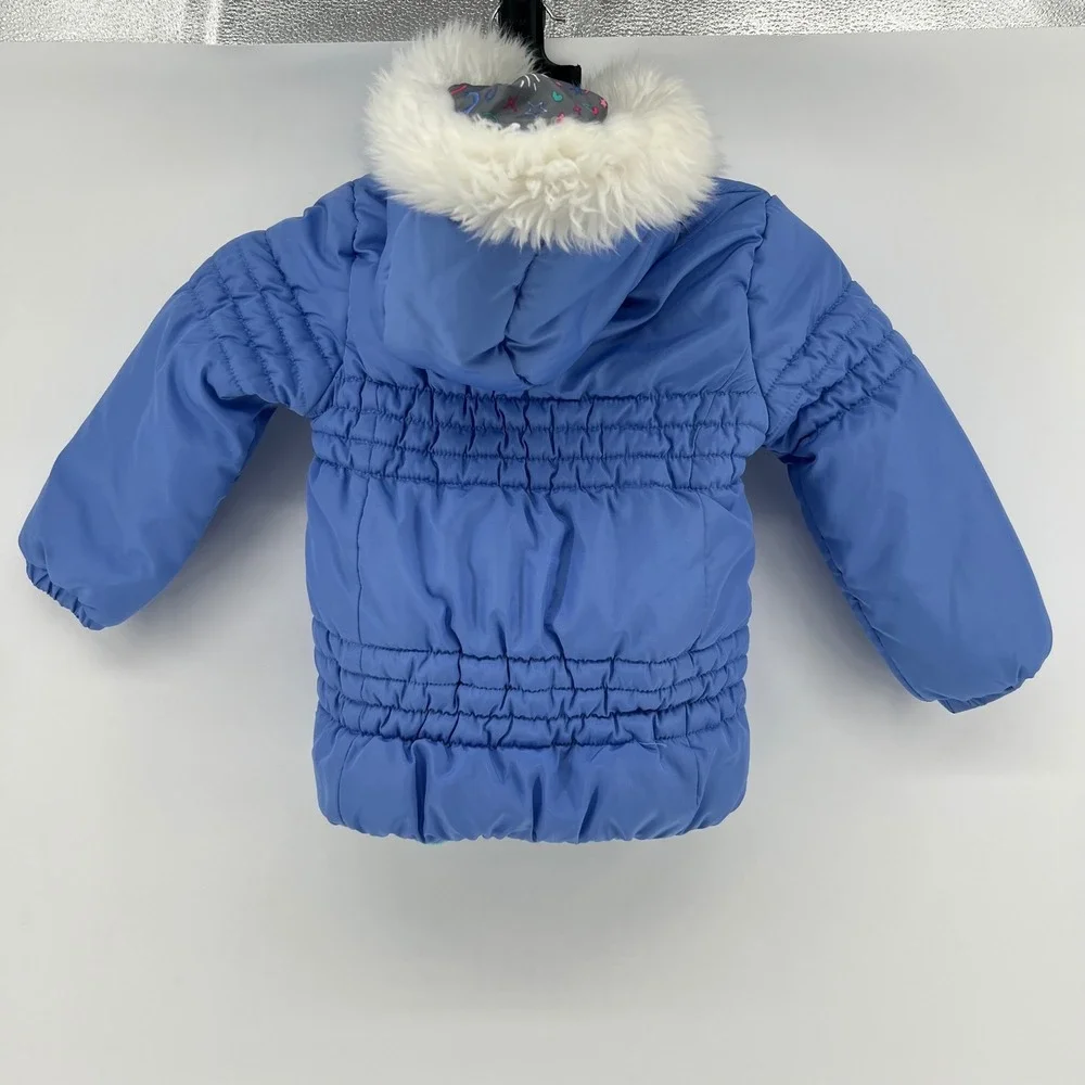 London Fog Kids Puffer Coat Jacket S/4 Blue Faux Fur Hood‎ Embroidered Hearts